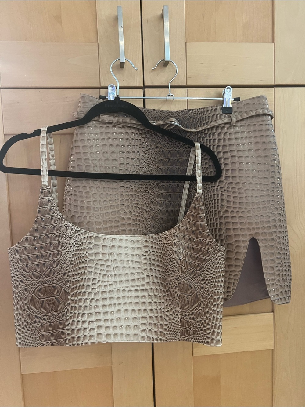 Croc-Embossed Taupe Crop Top and Skirt Set